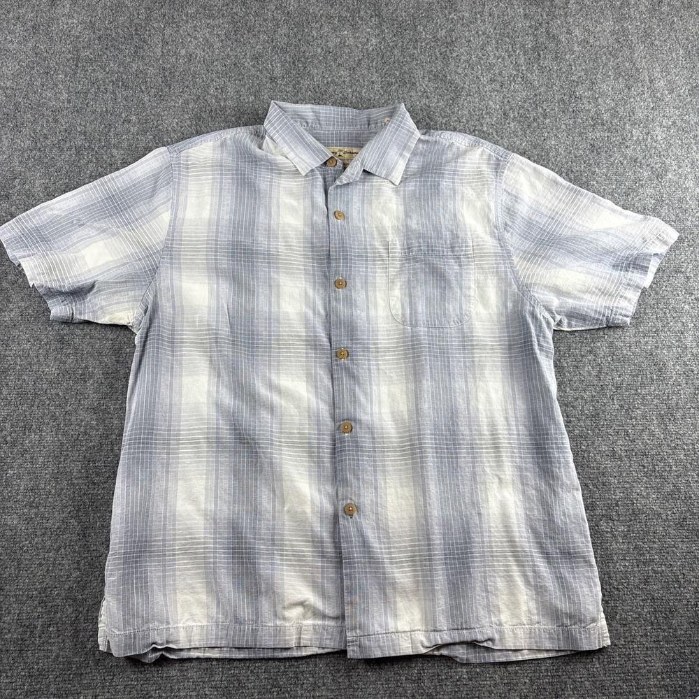 Vintage Tommy Bahama Shirt Men's XL Short Sleeve Blue White Plaid Tencel Blend
